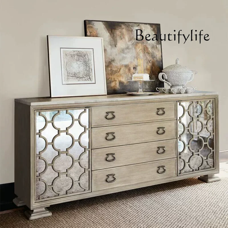 French old solid wood dining side cabinet, living room against the wall storage, American retro rock slab tableware storage