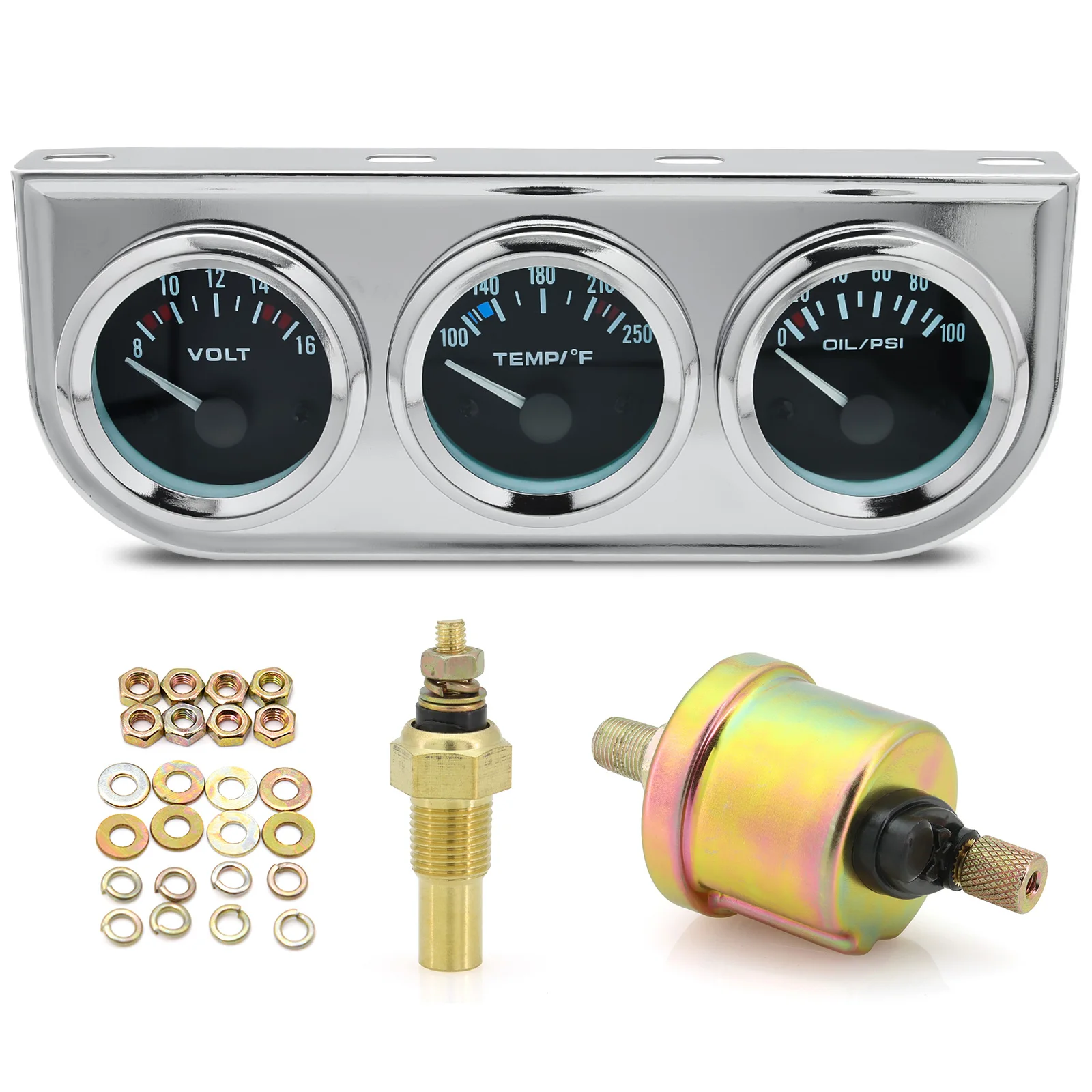 12V Car Triple Gauge Kit 3-in-1 Water Temp Gauge 250℉ Oil Pressure 100 PSI Voltmeter Mechanical Set With  Oil Press Sensor ﻿