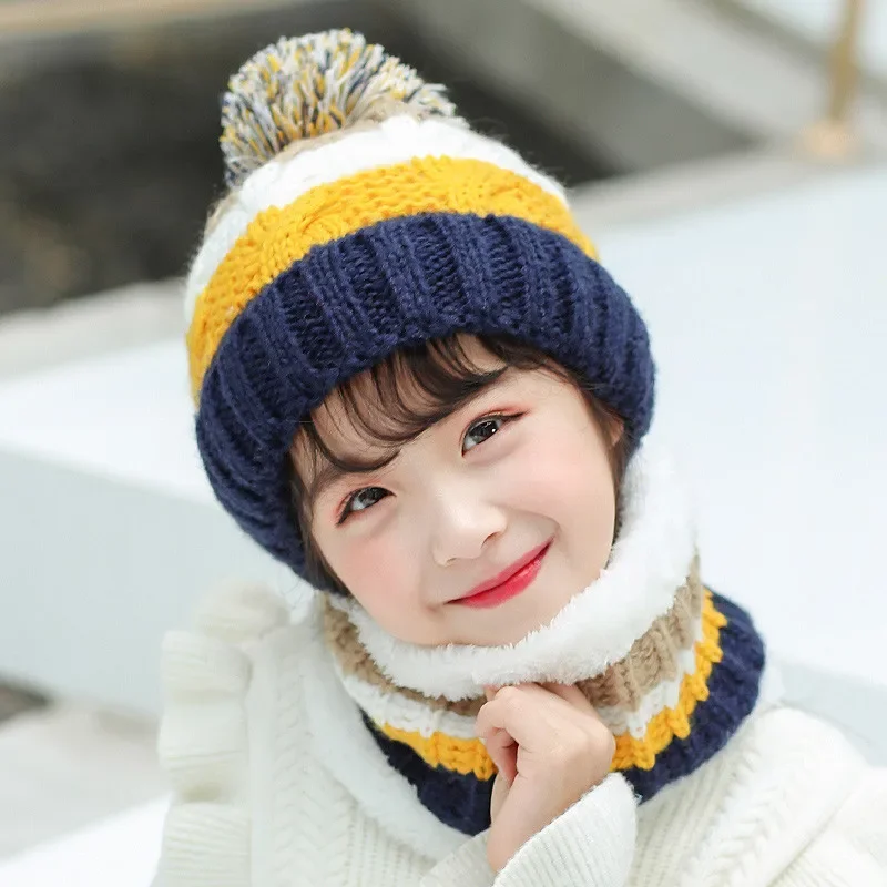 Girl Winter Stripe Beanies Hat Scarf Set Child Braided Cable Knit Pom Pom Hat And Ring Scarves Kids Warm Cap 4-12T Wear Pink