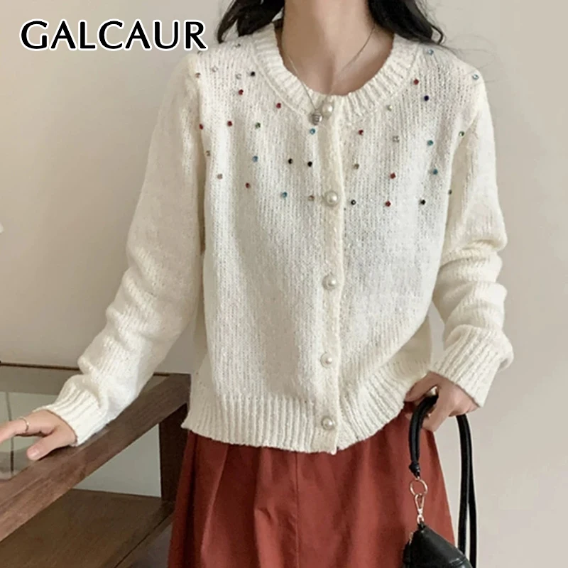 

GALCAUR Diamond Decoration Women Sweater O Neck Long Sleeve Patchwork Single Brested Casual Solid Knitted Cardigan Female Autumn