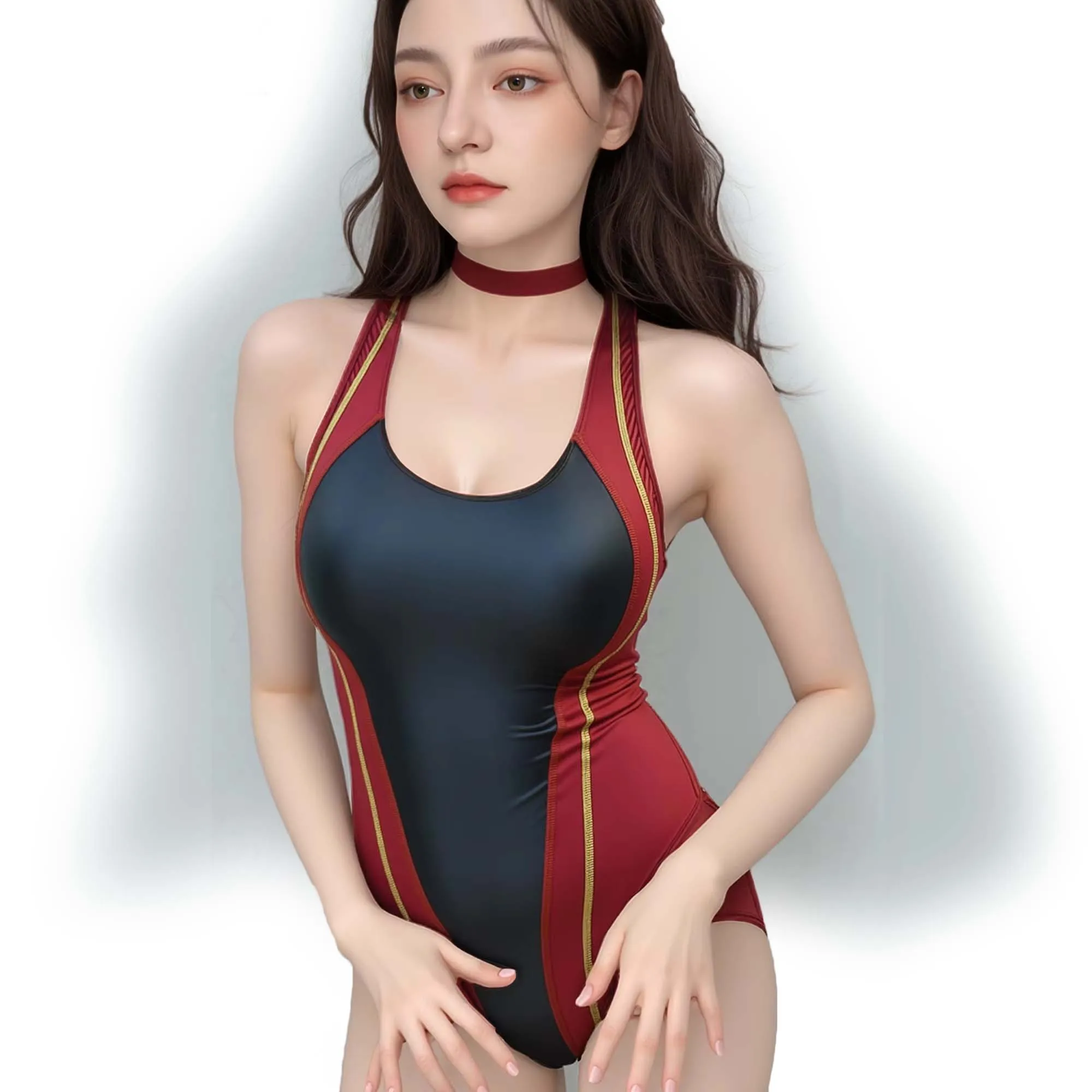 XClocKNYoung satin glossy swimsuit one piece Color blocked briefs Bareback Hot Spring high fork swimsuit