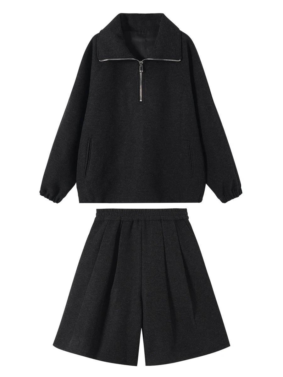 

IAMCPLUS 2025AW Женский шерстяной свитшот с воротником-стойкой, свободный крой, брюки А-силуэта длиной 3/4, модный комплект CleanFit Sle