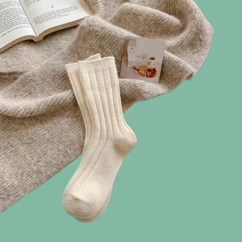 5/10 Pairs Thickened Medium-Tube Beige Stacked Socks Warm Wide-Mouth Socks Japanese Simple Winter Fashion Women's Winter Socks