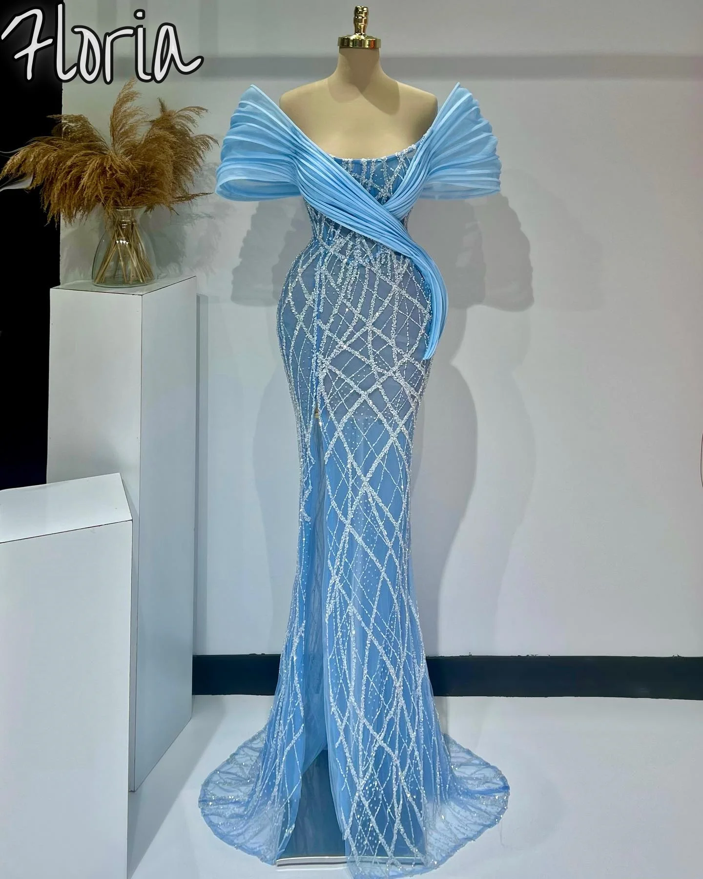 

2024 New Blue Mermaid High Side Slit Formal Evening Dress Elegant Off The Shoulder Sequin Party Dress Robes De Soirée