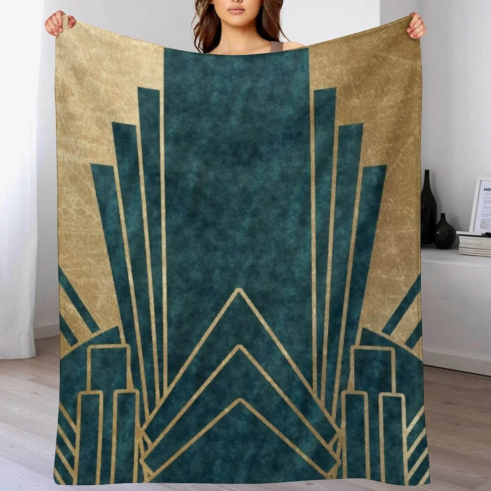 

Art Deco glamour - teal and gold Throw Blanket Summer Beddings Plaid on the sofa Retros Blankets