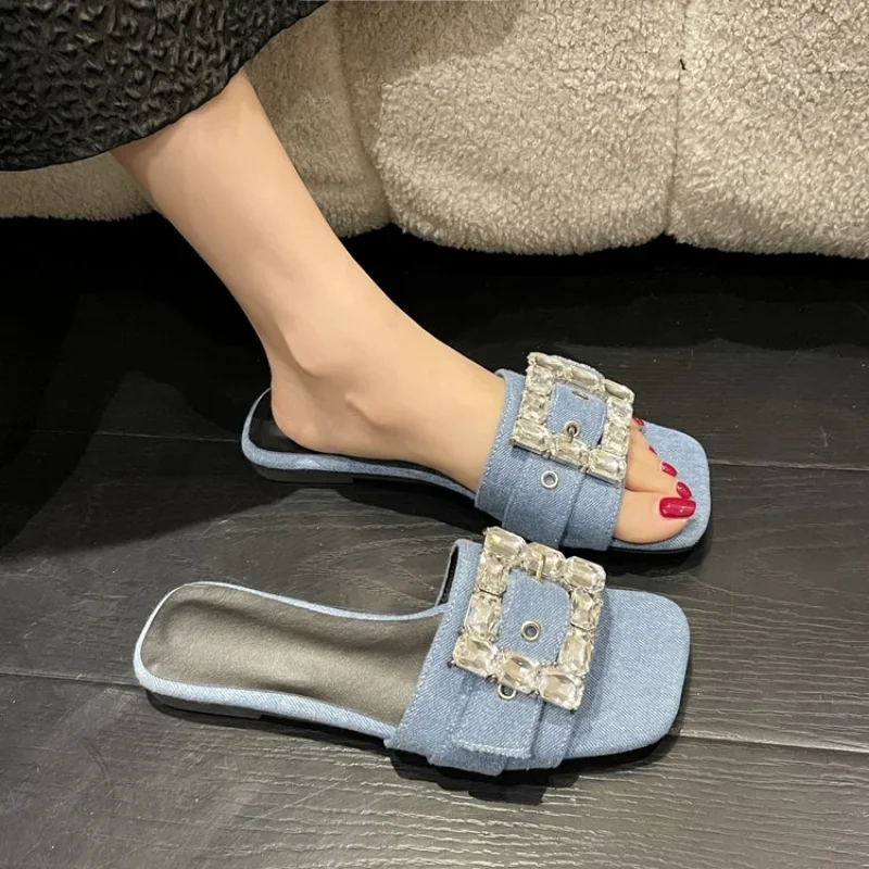 Metal Button Letter Decoration Women Slippers Summer Women Sandals  Flat Beach Shoes Ladies Sandals Beach Shoes Flip Flop