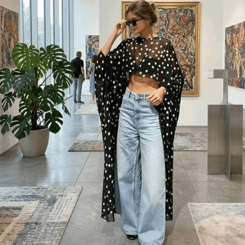 Boho Transparenter Sonnenschutz-Überwurf mit Polka Dots, High-Low-Cover-Shirt, Party-Cape, Mesh-Schal, Abendkleid – Detail 2