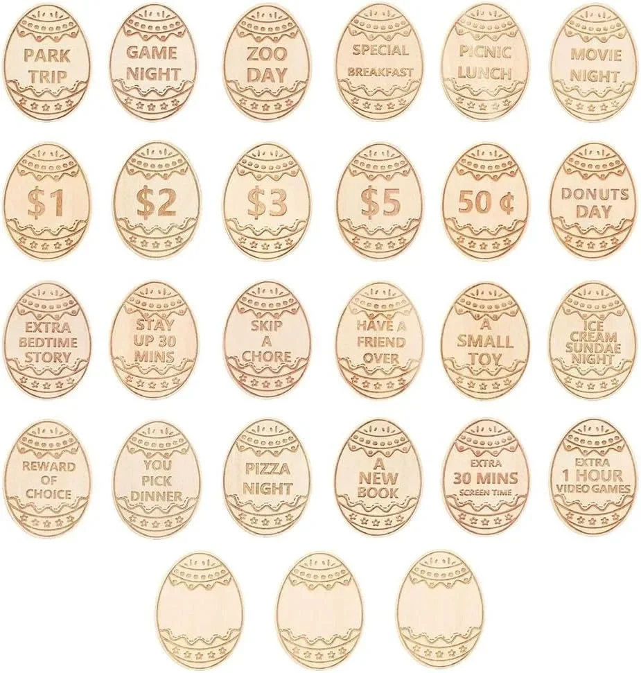 Wood Easter Bunny Egg Reward Tokens,28pcs Easter Prizes Stuffers 25 Redeemable Tokens+3 Blank DIY Tokens, Easter Egg Fillers