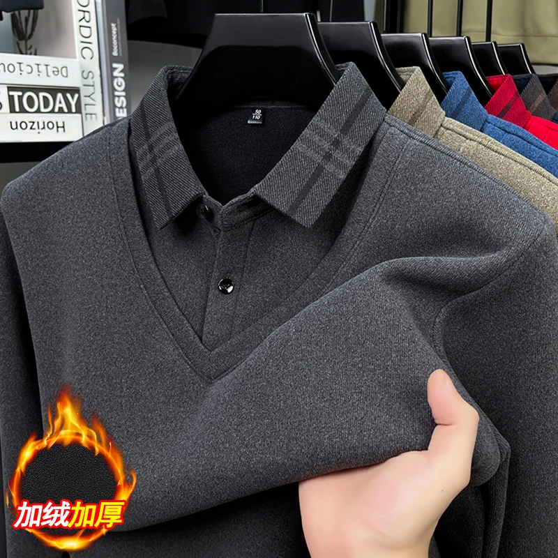 2025 جديد وهمية قطعتين سترة الرجال الشتاء أفخم سميكة قميص طوق جديد دافئ محبوك أسفل رداء علوي من الصوف #5