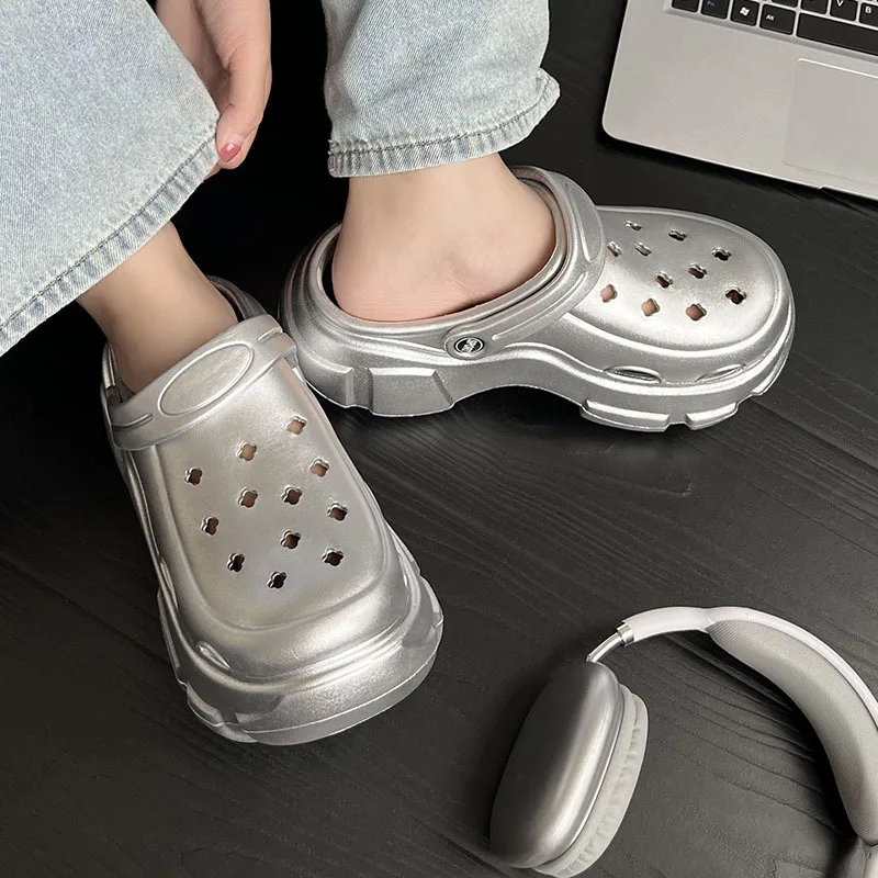 6cm Platform Slippers Women Fashion Clogs Punk Style Summer Shoes Woman Beach Slides Silver Color 2 Way Wear Girl Street Sandals