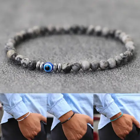 Stylish Evil Eyes Bracelet For Men 4mm Tiger Eyes Turquoises Beads Strand Braslet Handmade Leisure Pulseira Accessories Hombre