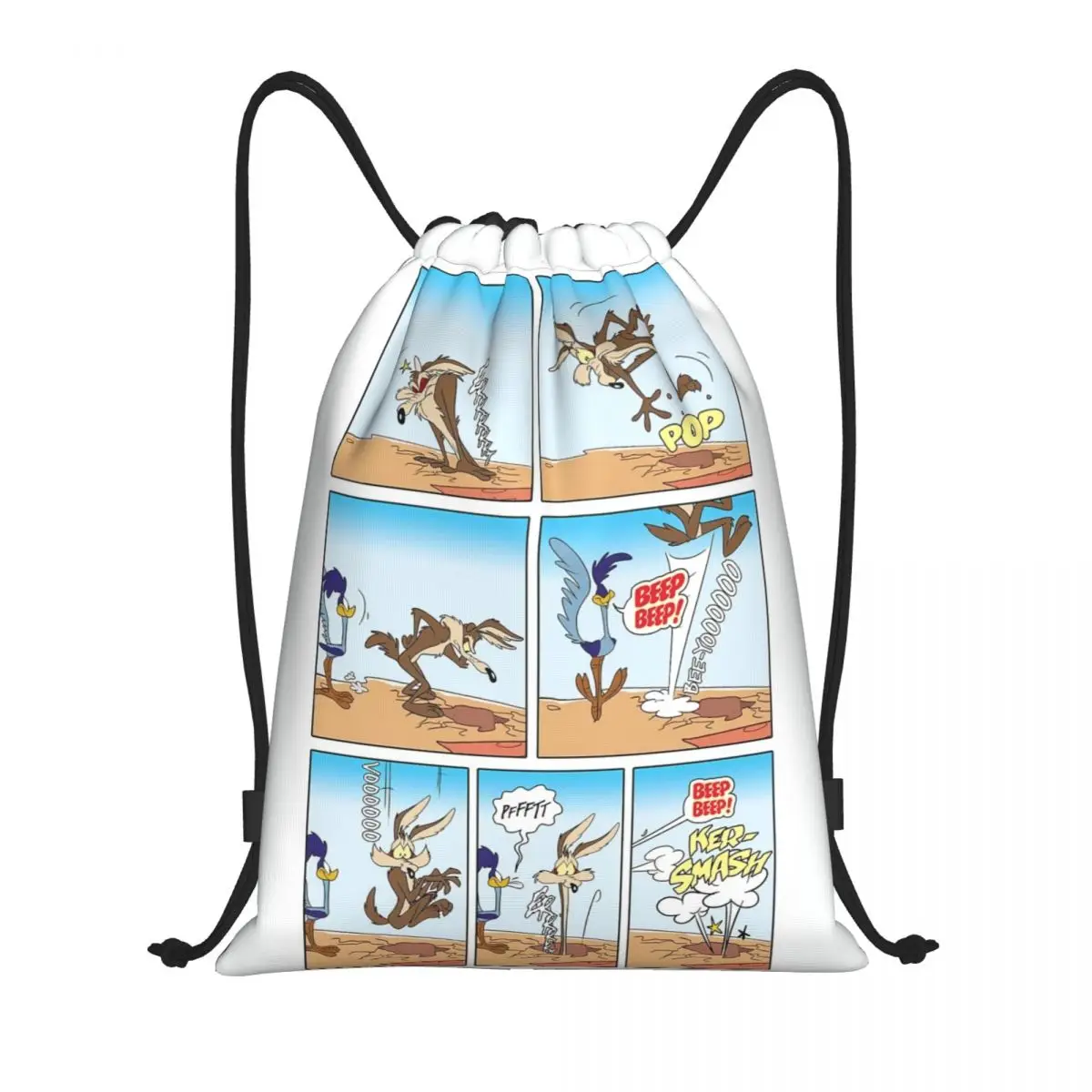 Custom Wile E. Coyote And The Road Runner Drawstring Backpack Women Men Sport Gym Sackpack Portable Training Bag Sack