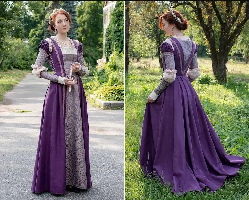 Lavender Renaissance Medieval Prom Dresses Long Sleeve Corset Venetian Italian renaissance Ren faire Evening Dress customsized