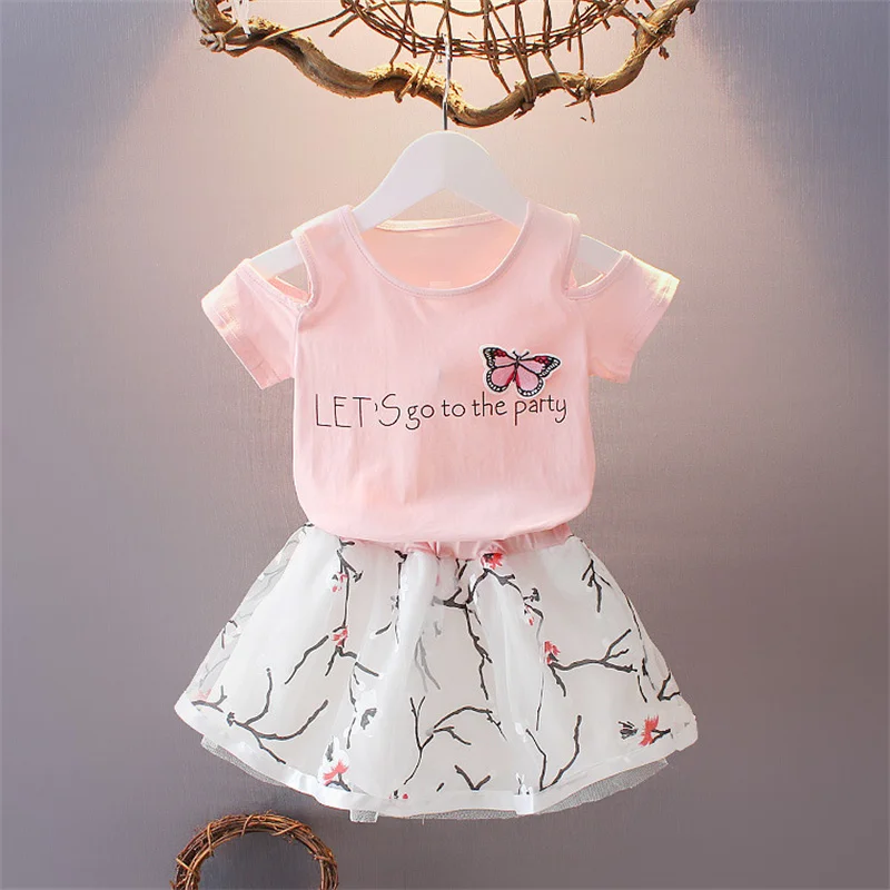 

1-7Y Summer Baby Girl Clothes Cartoon Butterfly Tops+Tutu Skirt 2Pcs Girl Suit Off Shoulder Toddler Set Infant Ball Gown A1056