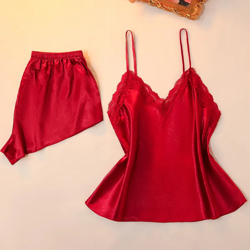 

Summer Suspender Pajamas Set Lace Lingerie Female Sexy Strap Top&shorts Pyjamas Suit Women Silky Satin Sleepwear Homewear