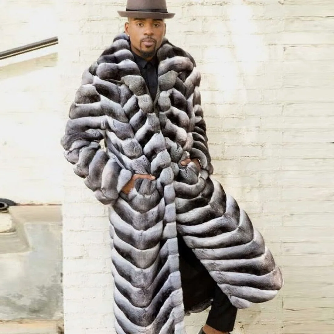 Männer 100% natürliche Rex Kaninchen Pelzmantel lange Mode echte Chinchilla Pelz Mantel Luxus Winter warme Revers Kragen Tier neue Jacke