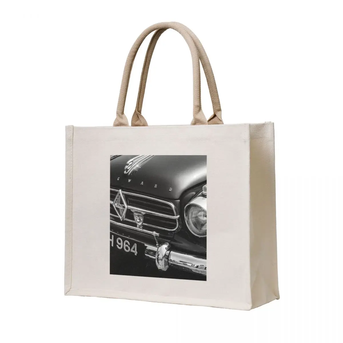 

A black and white image of the front of a 1959 Borgward Isabella on display at a car show Tote Bag custom tote bag hand bag