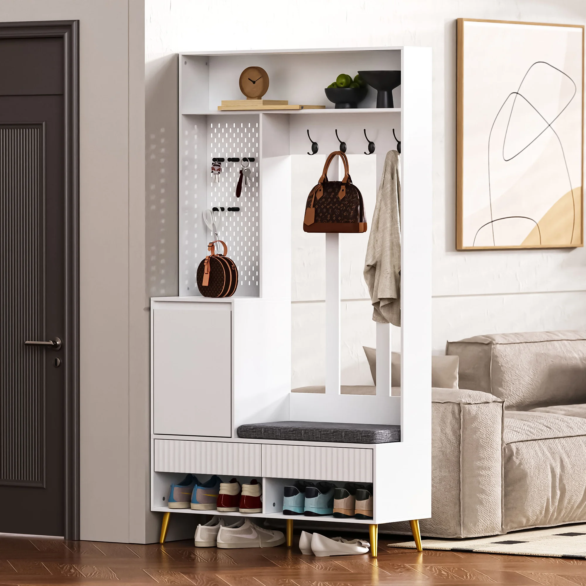 Merax Wardrobe Set with Shoe Bench 4 Dresses Hooks 2 Drawers 1 Door White