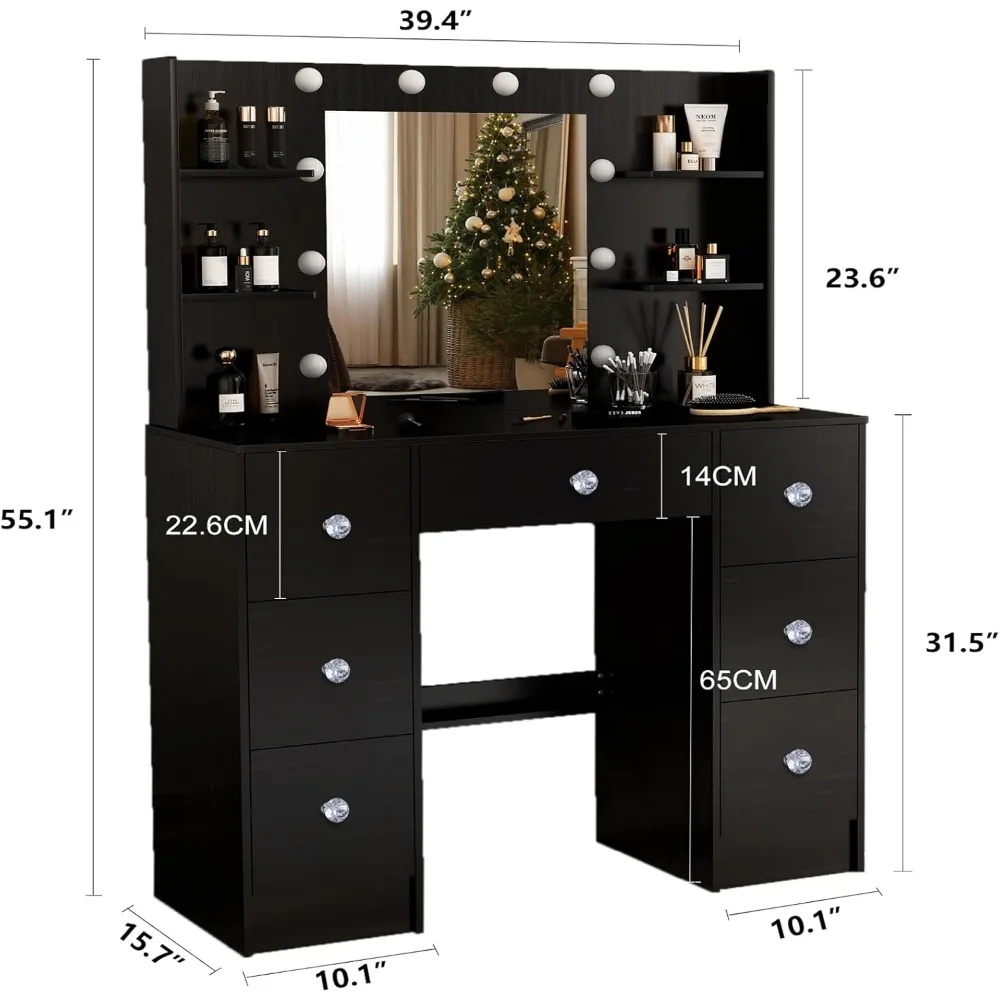 مكتب زينة فاخر أسود كبير 55 بوصة ارتفاع مع مرآة وأضواء، 7 أدراج، 6 أرفف مكياج كبيرة، 10 لمبات، 3 أوضاع #3