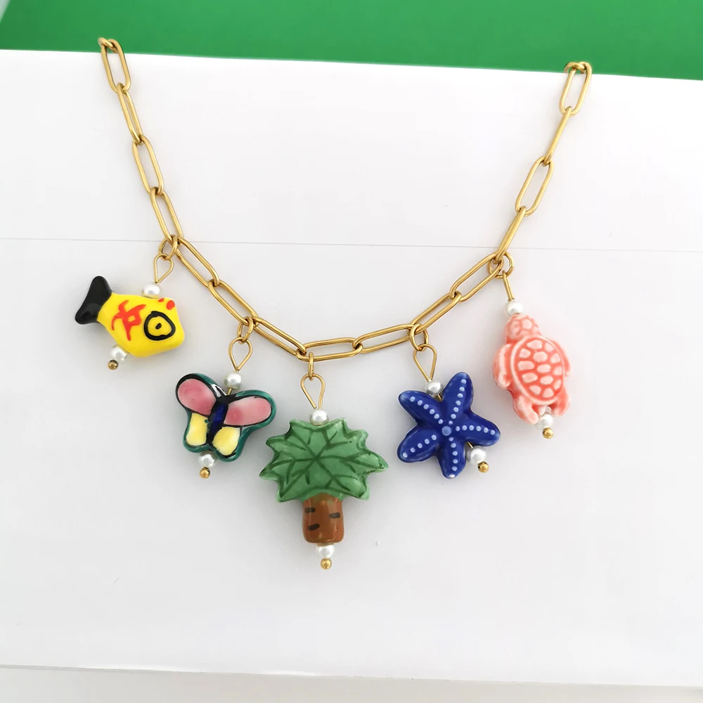 Tree Sea Star Finsh Ceramics Pendant Butterfly Turtle Charm Handmade Necklace Stainless Steel PVD Imitation Pearl Wholesale