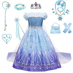 Girls Elsa Cosplay Princess Costume Frozen Role Play Dress Up Fancy Frocks Party Gown Sequin Mesh Vestidos Girls Birthday Dress