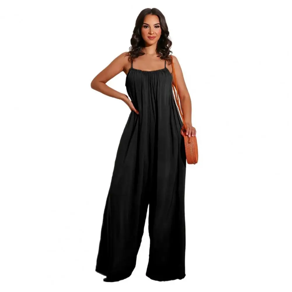 Wide-leg Jumpsuit Elegant Backless Wide Leg Jumpsuit for Women Spaghetti Strap Pleated Crotch Solid Color Full Length Vacation