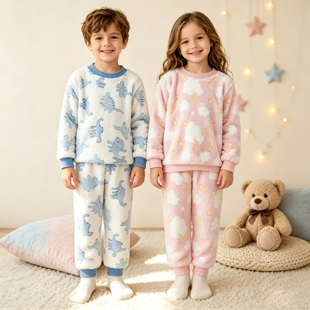 Autumn Winter Kid Flannel Pajama Set Baby Boy Girl Cute Dinosaur Cloud Long Sleeve Tops+Pants 2PCS Children Thick Warm Sleepwear