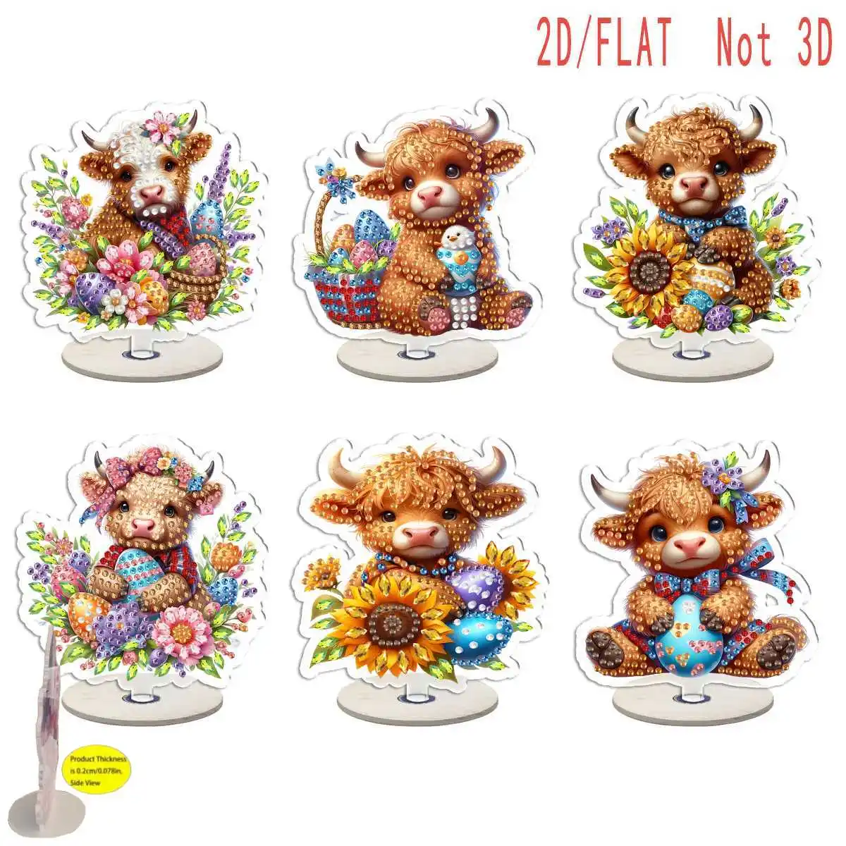 kit-de-mesa-standee-acrilico-pintado-de-diamante-de-seis-pecas-com-base-giratoria-com-ovos-de-pascoa-flores-e-uma-pequena-vaca-amarela