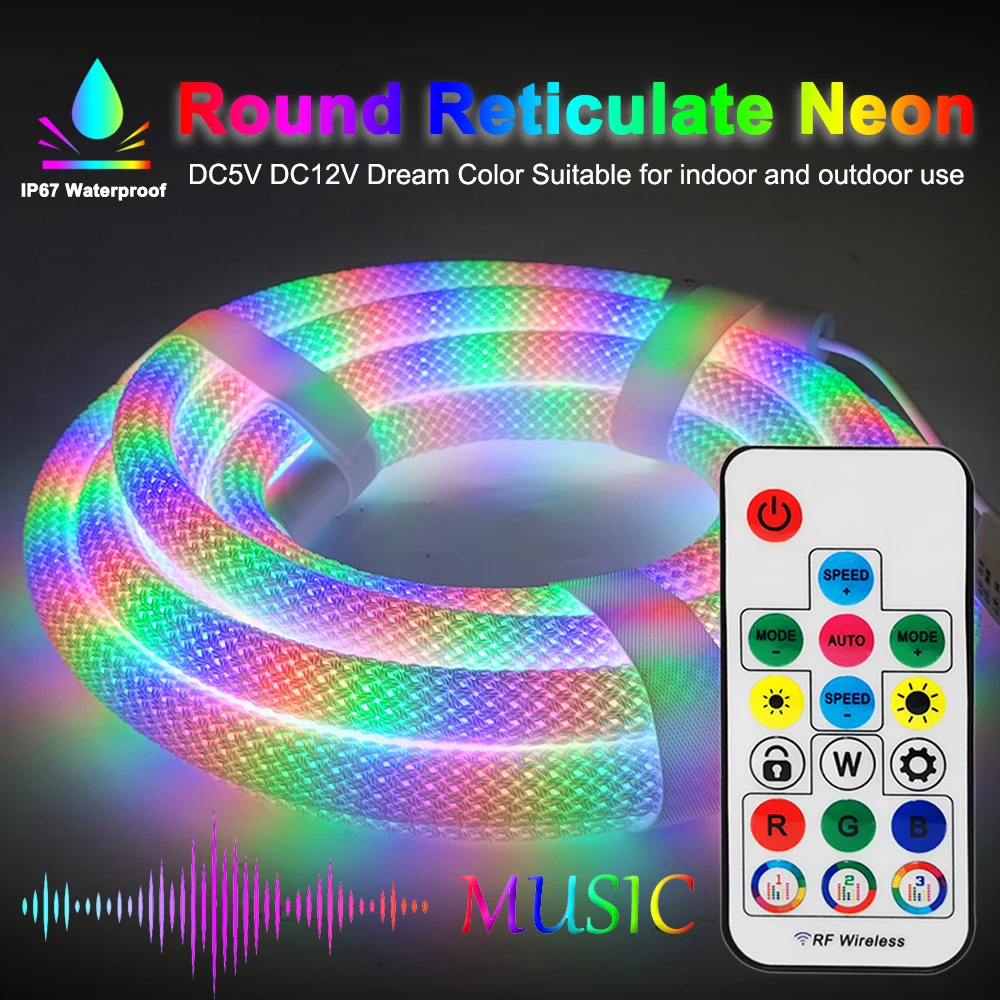 WS2812B Round Reticulate Neon LED Strip Light Smart RGB Addressable Flexible Silicone Tube Waterproof DC5V USB Music Controller