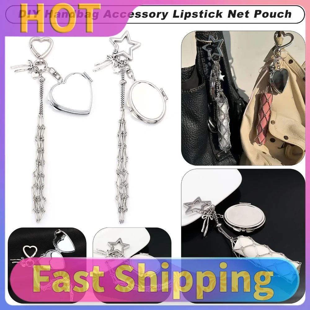 Potable Lipsticks Storage Case with Compact Mirror Metal Lip Gloss Holder Keychain for Women Women
