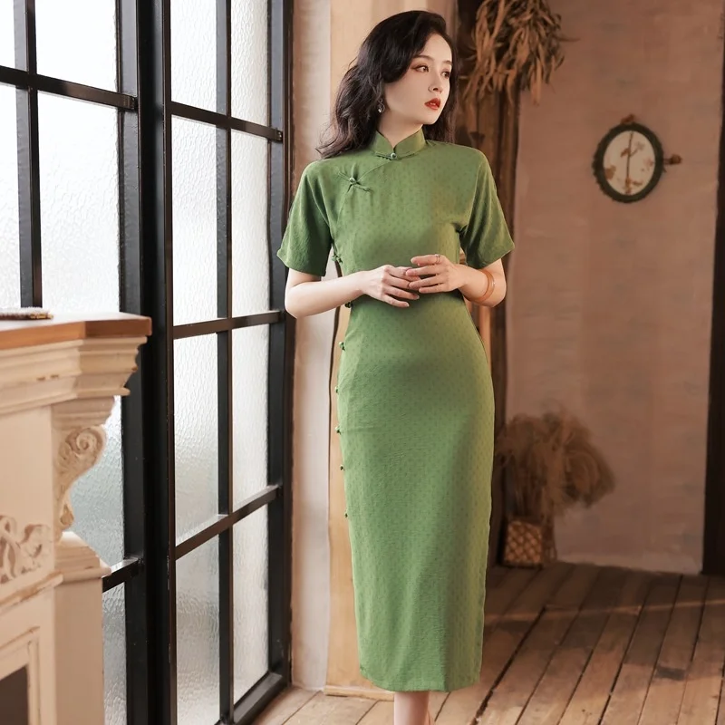 

Sheng Coco Women Green Spandex Elegant Old Shanghai Style Cheongsam Dresses Soft Fabric Qipao