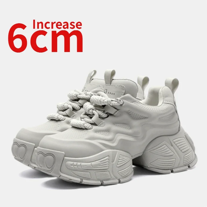 Genuine Leather Thick Soled Dad's Shoes for Women Height Increase 6cm Sneakers Comfortable Breathable Casual Sports Shoes Female