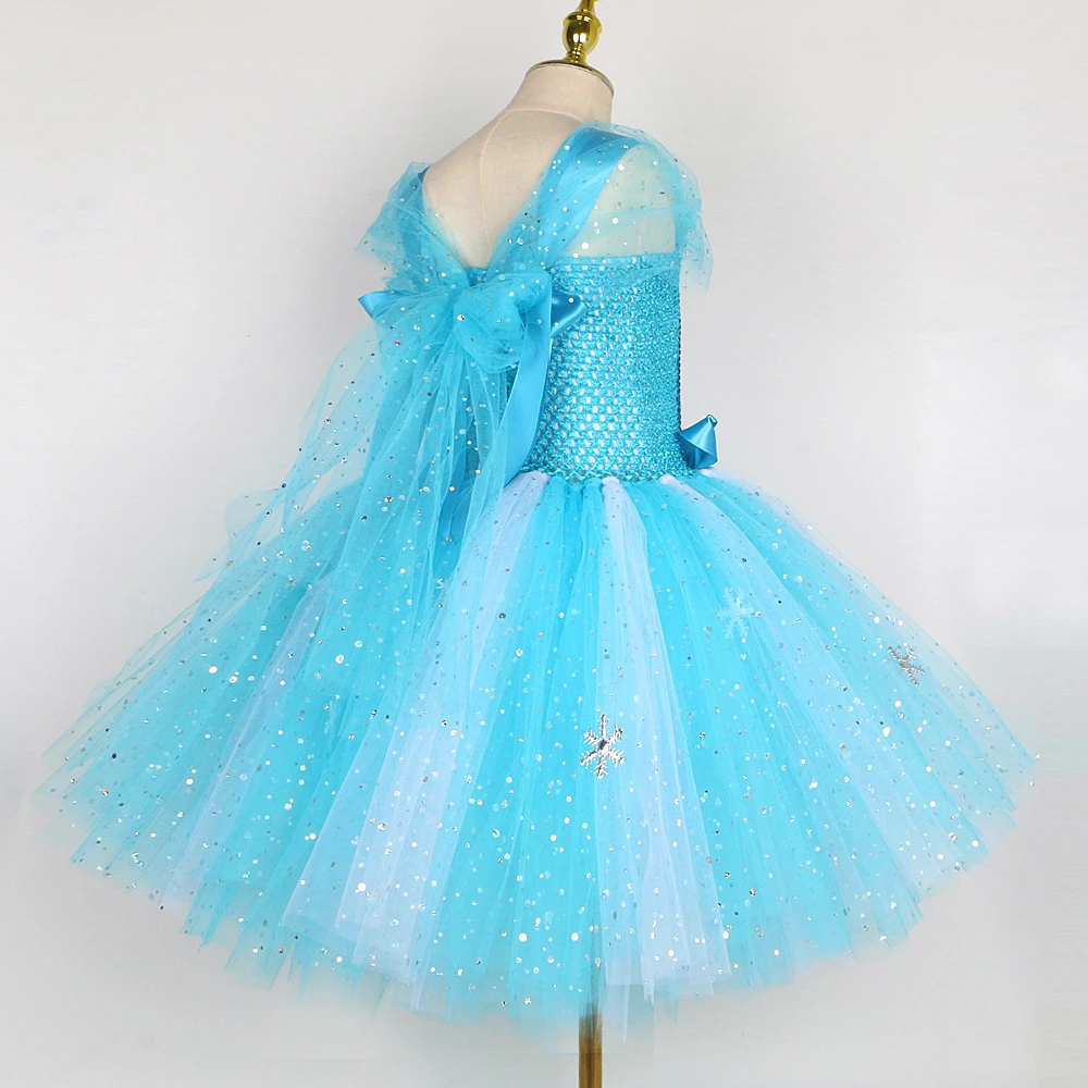 Sparkly Skyblue Elsa Costumes for Girls Glittery Snow Queen Princess Dresses for Kids Snowflakes Christmas Carnival Outfits Gift