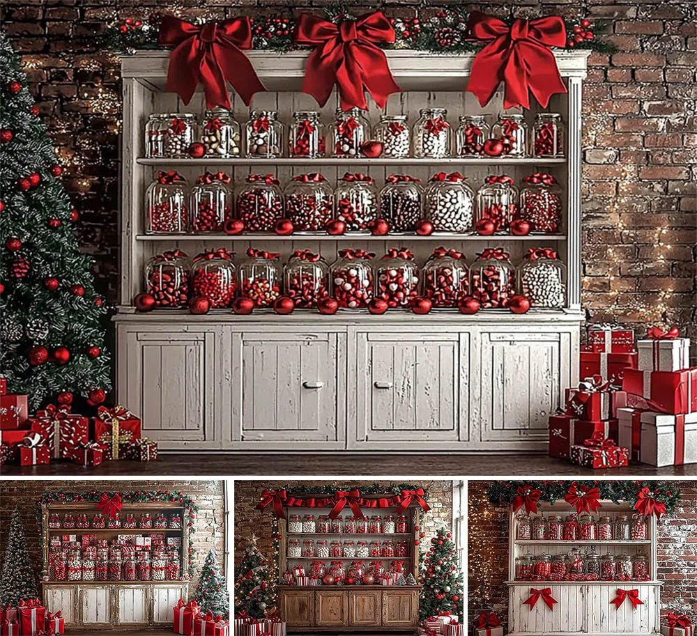 

Mehofond Christmas Vintage Candy Store Photography Backdrop Child Birthday Party Wood Cabinet Red Bow Decor Photo Backgrounds