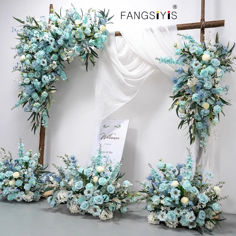 

Свадебный фон Тиффани синего цвета с аркой, искусственный цветочный орнамент, подвесные угловые цветы, оформление стола, цветочный орнамент