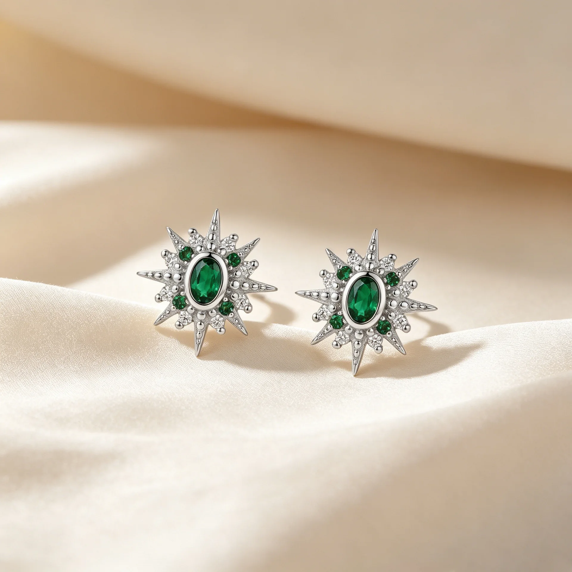 F.I.N.S S925 Sterling Silver Eight-Pointed Star Moon Stud Earrings Vintage Green Zircon Piercing Starburst Ear Studs Fine Jewels