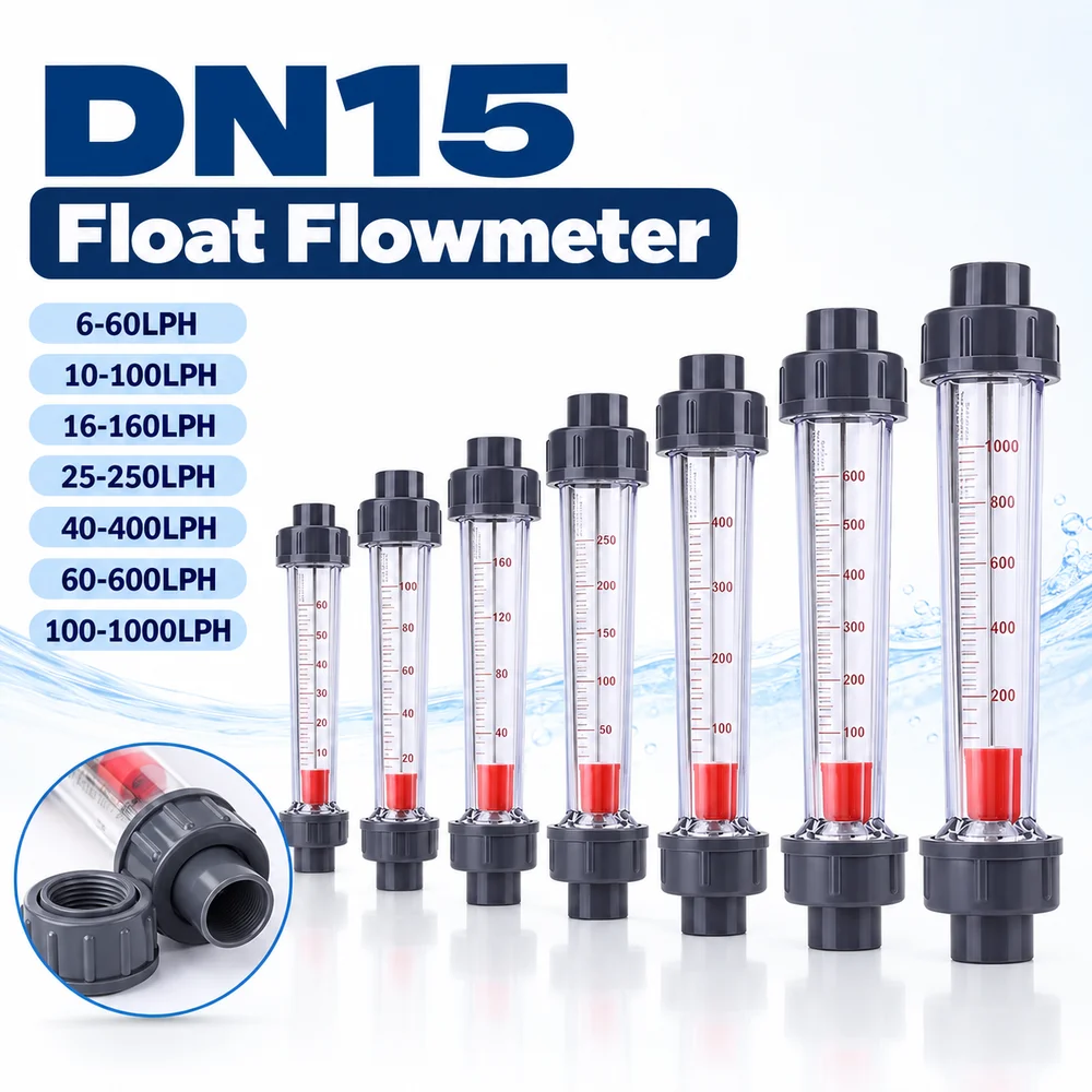 1Pcs DN15 Plastic Liquid Float Flowmeter Plastic UPVC Tube Type Rotameter 6-60LPH 100-1000LPH Transparent Cone Tube