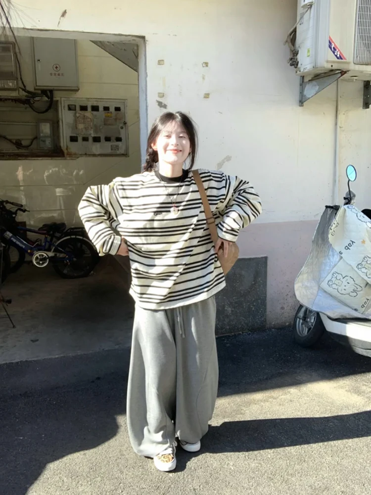 Retro American Tie Dye Long Sve T irt Frauen Casual Lazy Sle Lose Paar Tops Bla Weiß Streifen Aphic T