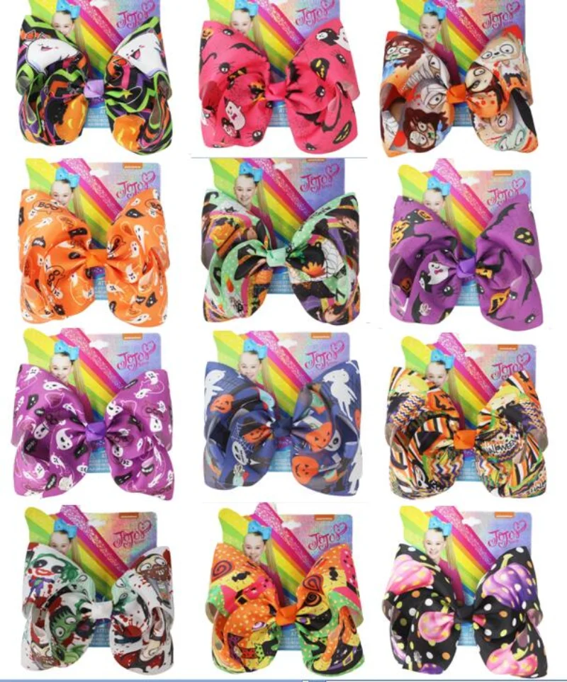 NEW 8inch Halloween Bows  Large Bows with Alligator Clips Print Grosgrain ribbon hair bow  For Girls kids Hair accessories