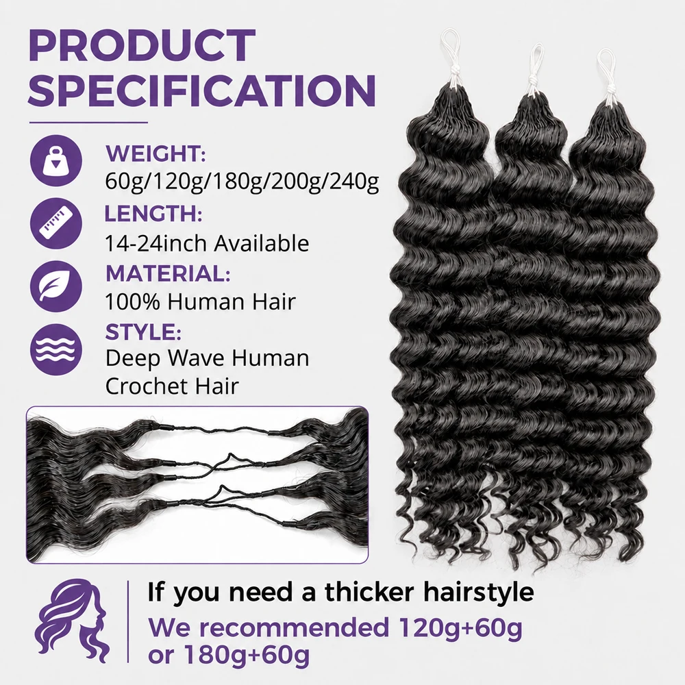 Deep Wave Crochet Human Hair Extensions Pre Separated Feather Crochet Braids Hair Miracle Knots Knotless Boho Style Water Wave Texture With String Reusable For Women