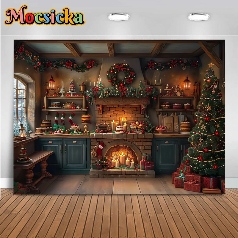 Christmas Tree Home Background For Photography Fireplace Wooden House Birthday Cake Backdrop Party Decoration Props Photo Studio