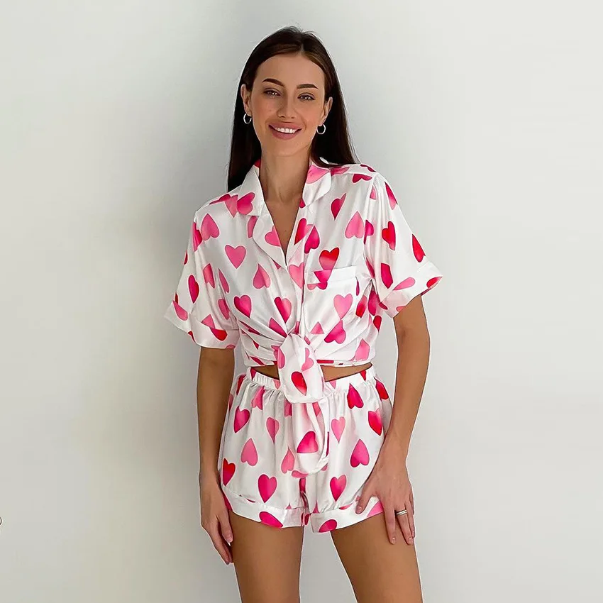 2024 Summer Pink Love Printed Pajama Set For Women Imitation Silk Short Sleeved Shorts 2Pcs Female Home Sleepwear For Sleeping