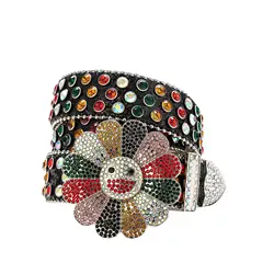 2024 New Colorful Diamond Smiling Face Men's Belt Fashionable Belt Buckle Rotating Button with Multiple Colors Diamond Belt