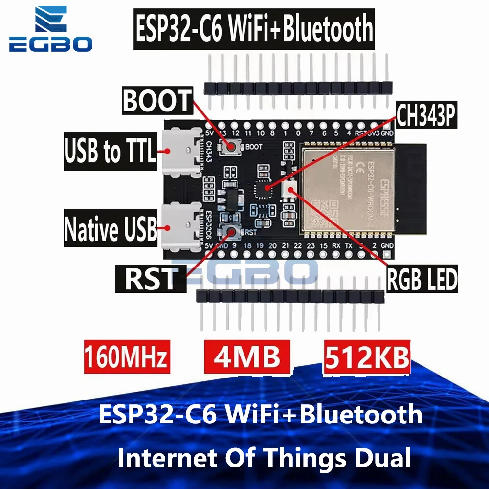 ESP32 / ESP32-C6 WiFi+Bluetooth Internet Of Things Dual Type-C Development Board Core Board ESP32-C6-DevKit C N16R8