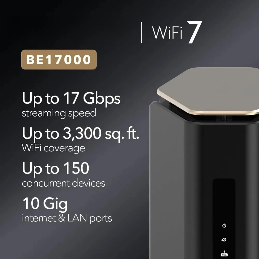 Nighthawk WiFi 7 Tri-Band Router 17 Gbps Wireless Gaming 10 Gig Port Covers 3300 sq ft 150 Devices VPN Support Expert