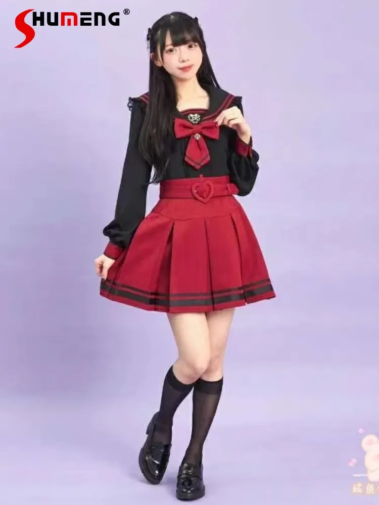 

Japanese Style Mass-Produced Navy Collar Embroidered Long Sleeve Shirts High Waist A-Line Pleated Mini Skirt Two-Piece Set Women