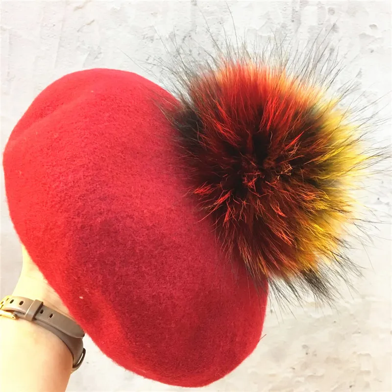 

Adult thick warm Wool beret hat Winter real rainbow fur pom pom knit hat Round French artist hat Pumpkin cap berets