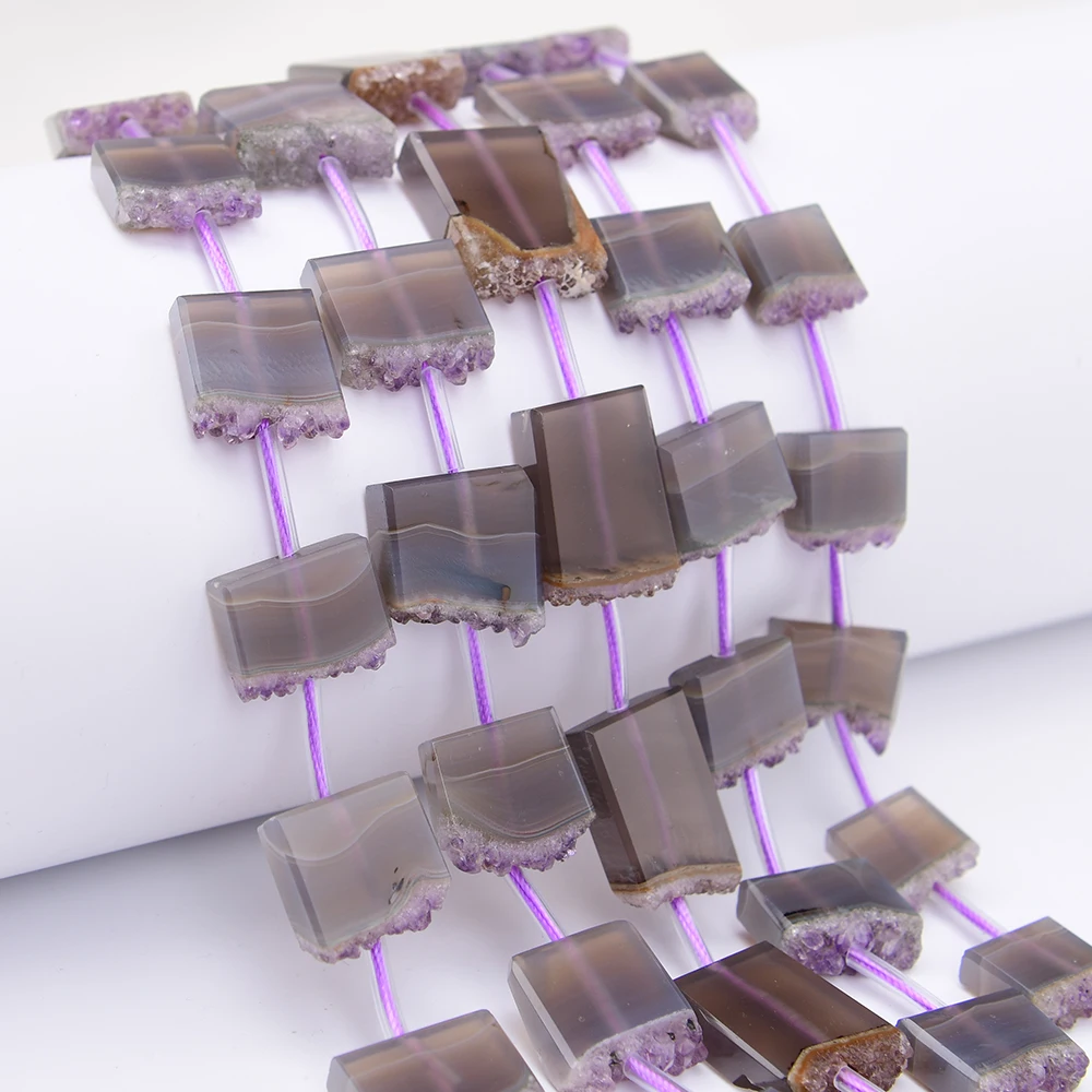 APDGG 20x22mm Natural Grain Agate With Amethyst Quartz Teeth Cutting Square Loose Beads 15.5'' Strand Jewelry Making DIY