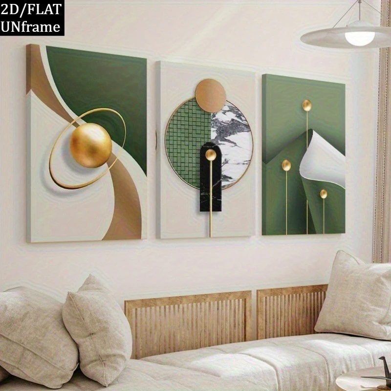 （NoFrame 3PCS）-2D Flat, 2D Flat, 2D/FLAT 3pcs Frameless Canvas Painting, Modern Abstract Golden And Green Geometric Art Canva