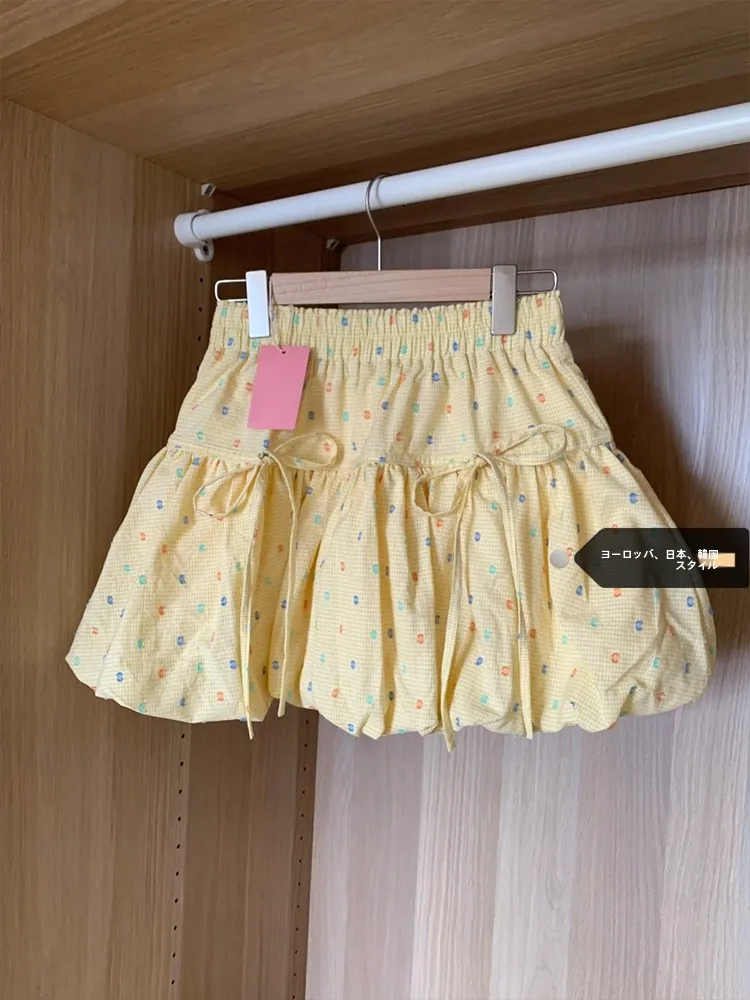 Dopamine Yellow Floral Polka Dot Bloomer Skirt Women's Summer plus Size High Waist A-Line Short Skirt Lace Hem Cake Skirt